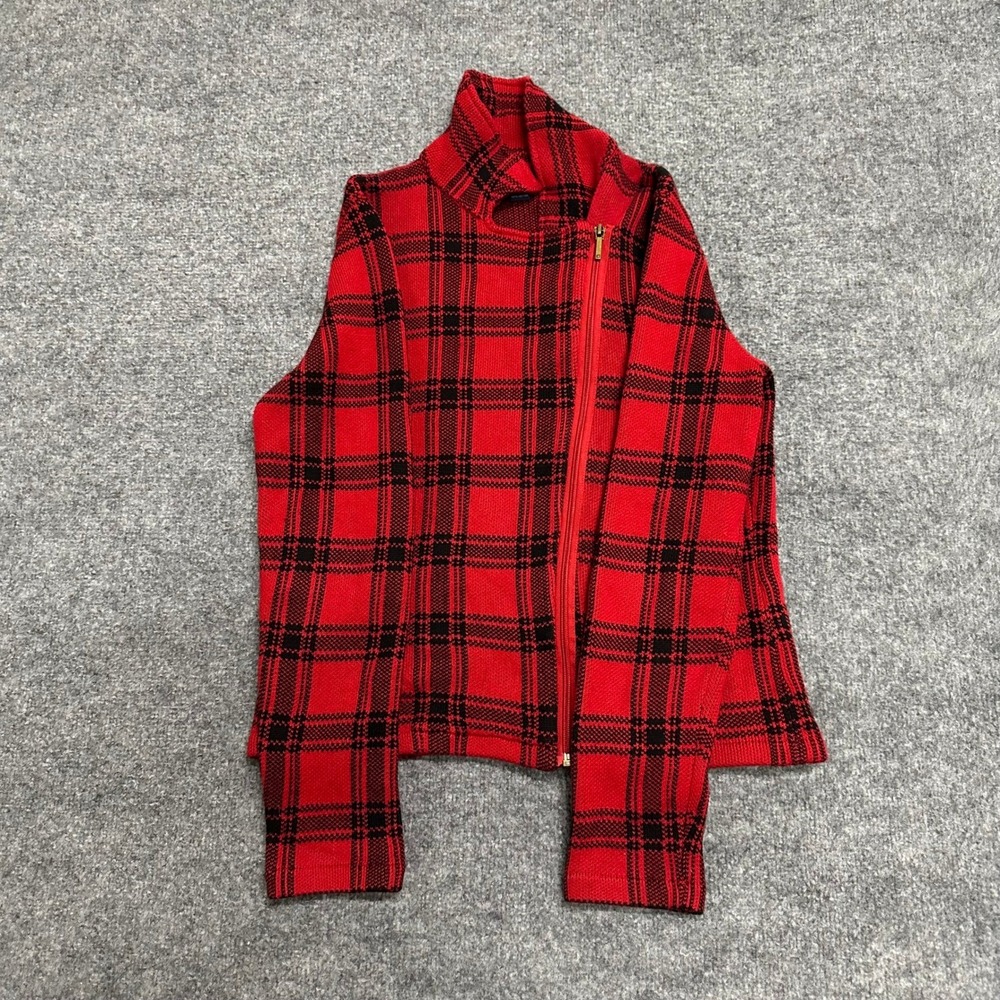 Chaps Knit Jacket Womens Size L Red Plaid Asymmetrical Zip Mock Neck Cotton